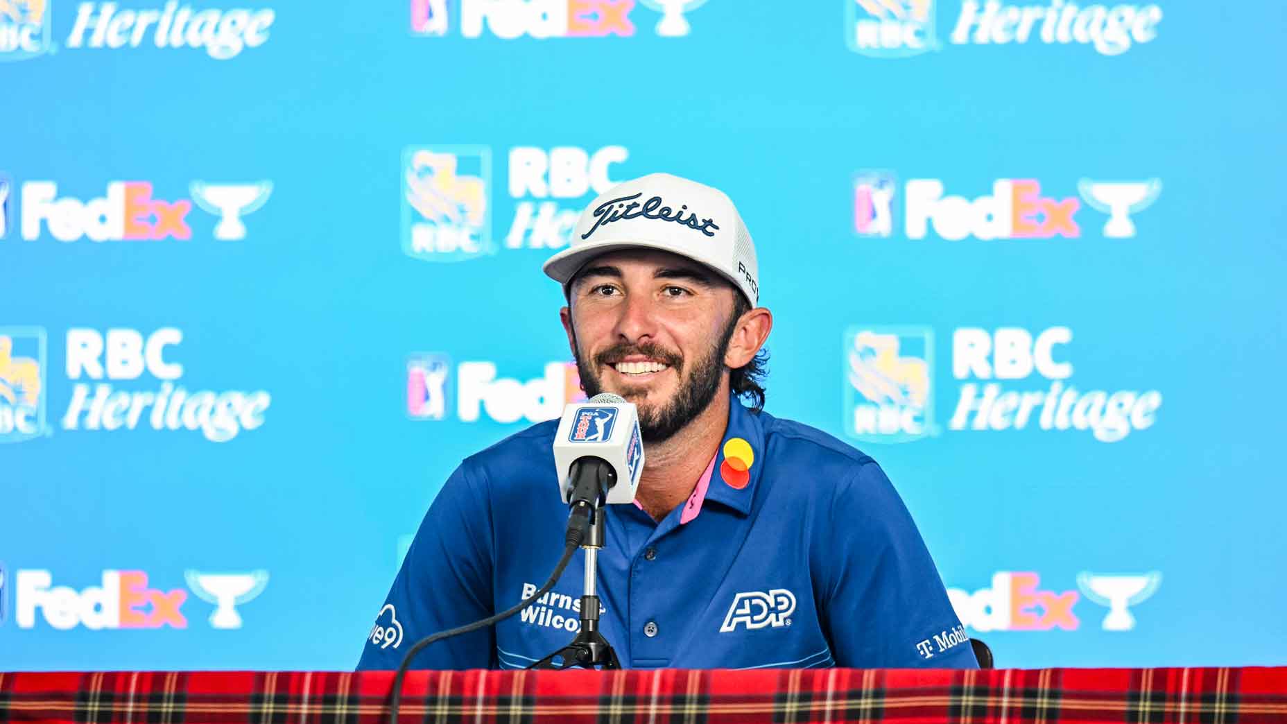 Max Homa smiles during a press conference prior to the RBC Heritage at Harbour Town Golf Links on April 17, 2024 in Hilton Head Island, South Carolina. (