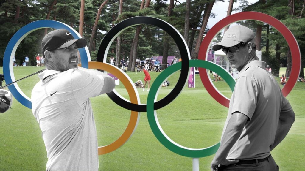 Images of Brooks Koepka and Adam Scott overlayed on the Olympic Rings.