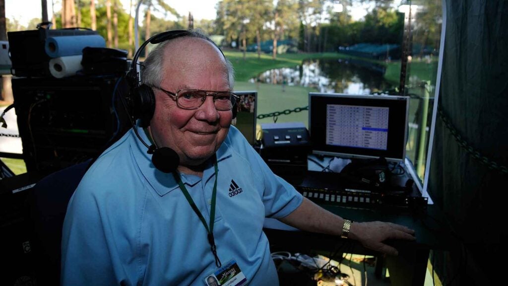 Television golf analyst Verne Lundquist works the No. 16 tower during Saturday's third round at the 2012 Masters Tournament at Augusta National Golf Club.