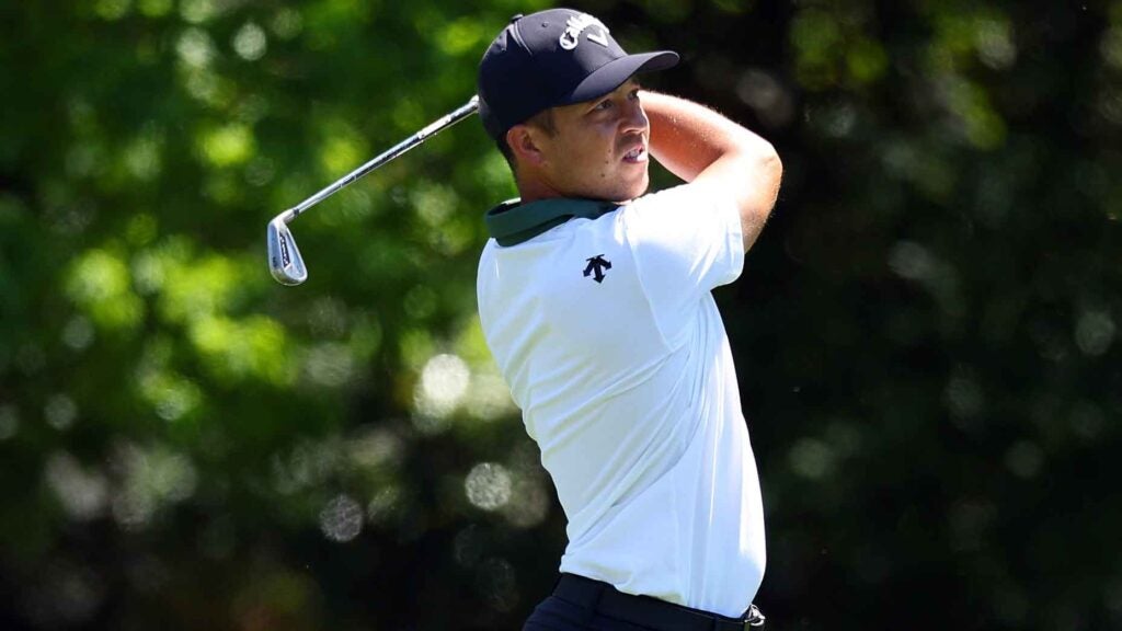Xander Schauffele of the United States plays a shot on the 11th hole during a practice round prior to the 2024 Masters Tournament at Augusta National Golf Club on April 08, 2024 in Augusta, Georgia.