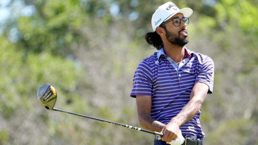 Akshay Bhatia of the United States plays his tee shot on the 4th hole during the second round of the Valero Texas Open at TPC San Antonio on April 05, 2024 in San Antonio, Texas.