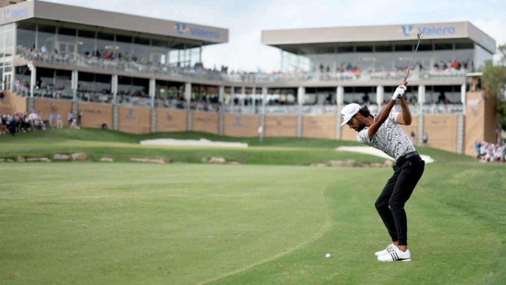 Akshay Bhatia of the United States plays his second shot on the 18th during the third round of the Valero Texas Open at TPC San Antonio on April 06, 2024 in San Antonio, Texas.