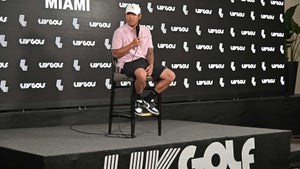 Anthony Kim speaks to the media at LIV Golf Miami on Thursday at Trump National Doral.