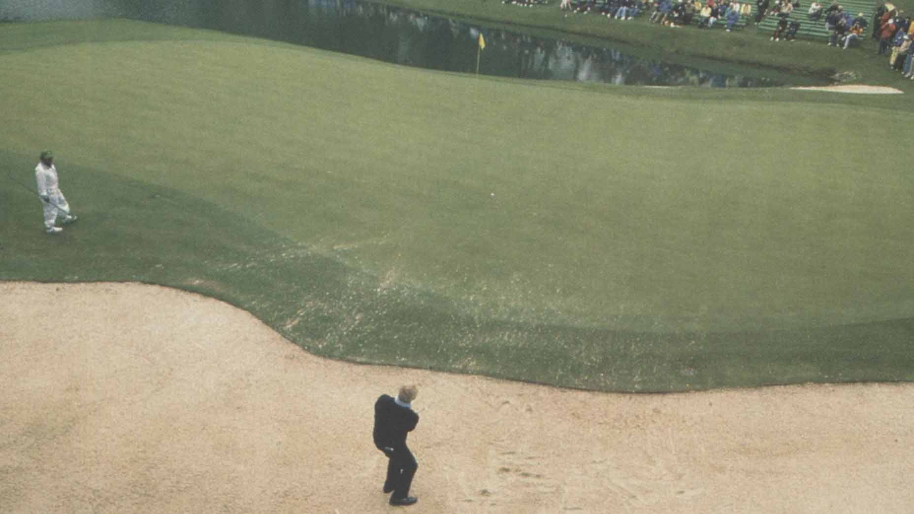 arnold palmer hits a bunker shot from behind the 16th green