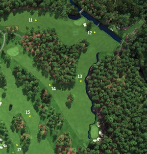 An aerial view of Amen Corner at Augusta National.