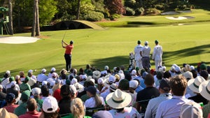 Nicolai Højgaard of Denmark hits his tee shot at the 12th hole during the third round of Masters Tournament at Augusta National Golf Club