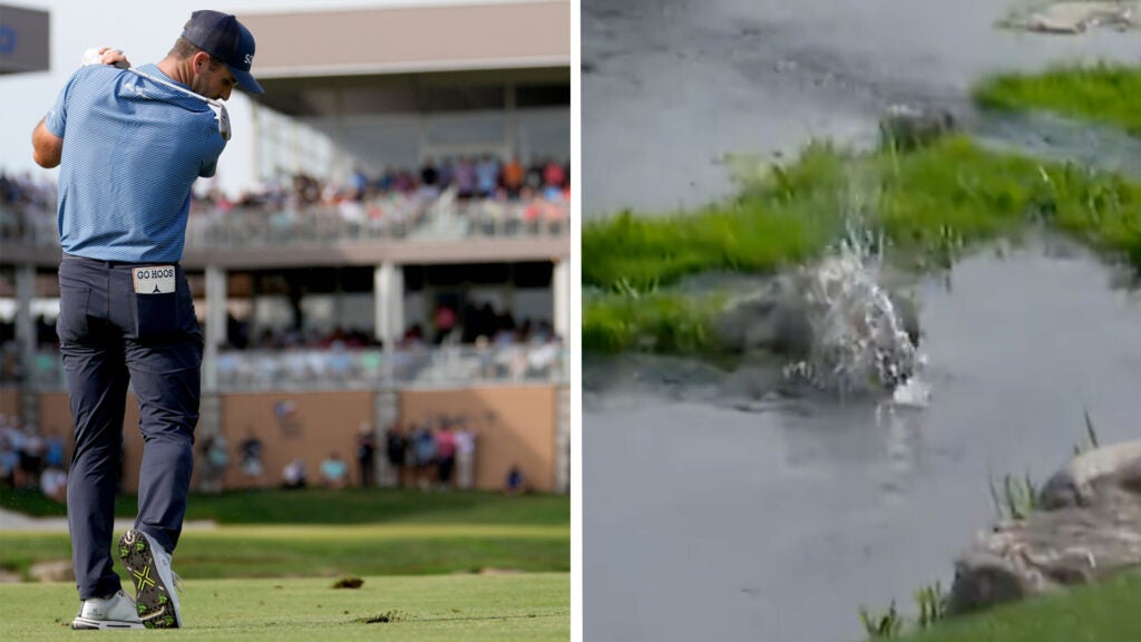 Denny McCarthy hits his third shot in the water at the Valero Texas Open.