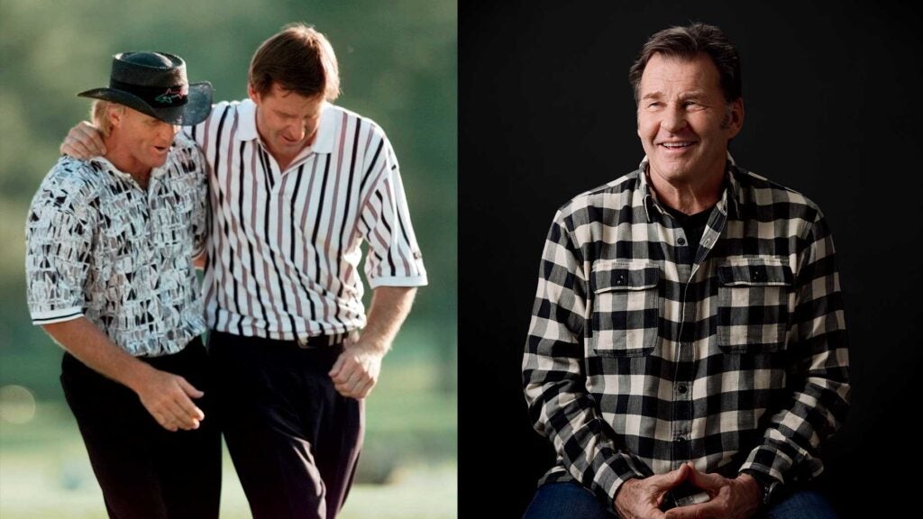 Split image of Nick Faldo and Greg Norman at Masters on left, and Nick Faldo on black background on right