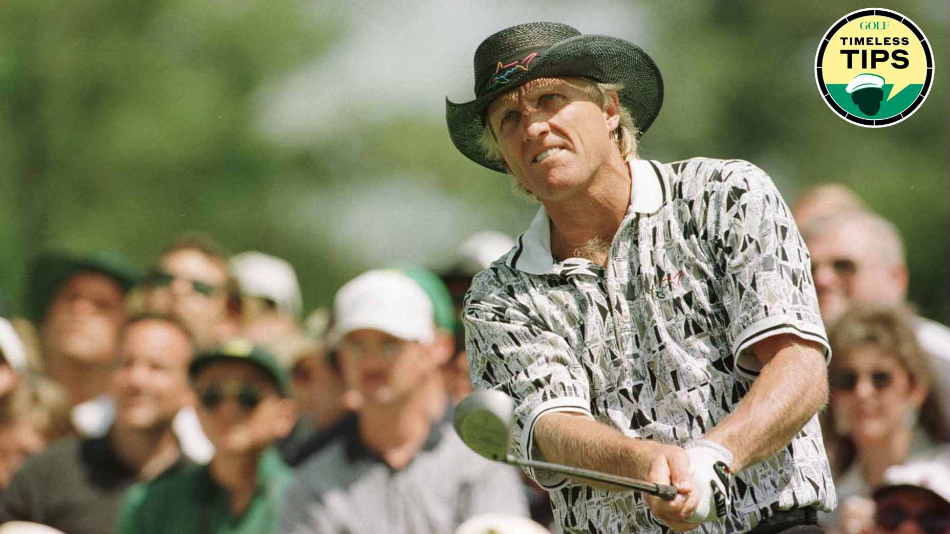 greg norman watches his tee shot during the 1996 masters