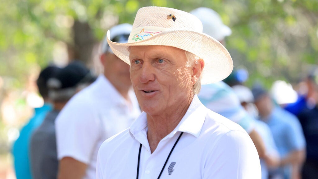 Greg Norman of Australia The Commissioner of the LIV Golf Tour in amongst the patrons during a practice round prior to the 2024 Masters Tournament at Augusta National