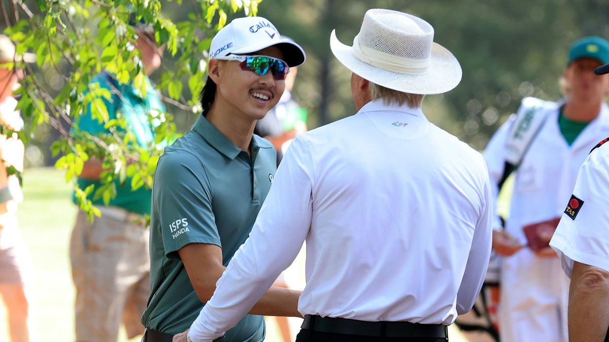 Greg Norman of Australia The Commissioner of the LIV Golf Tour in amongst the patrons during a practice round prior to the 2024 Masters Tournament at Augusta National