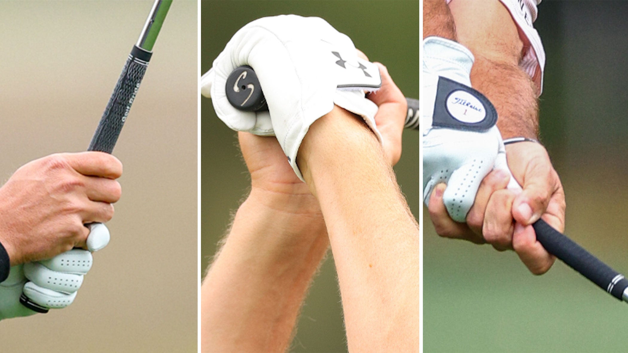 The grips of, from left, Wyndham Clark, Jordan Spieth and Brian Harman.
