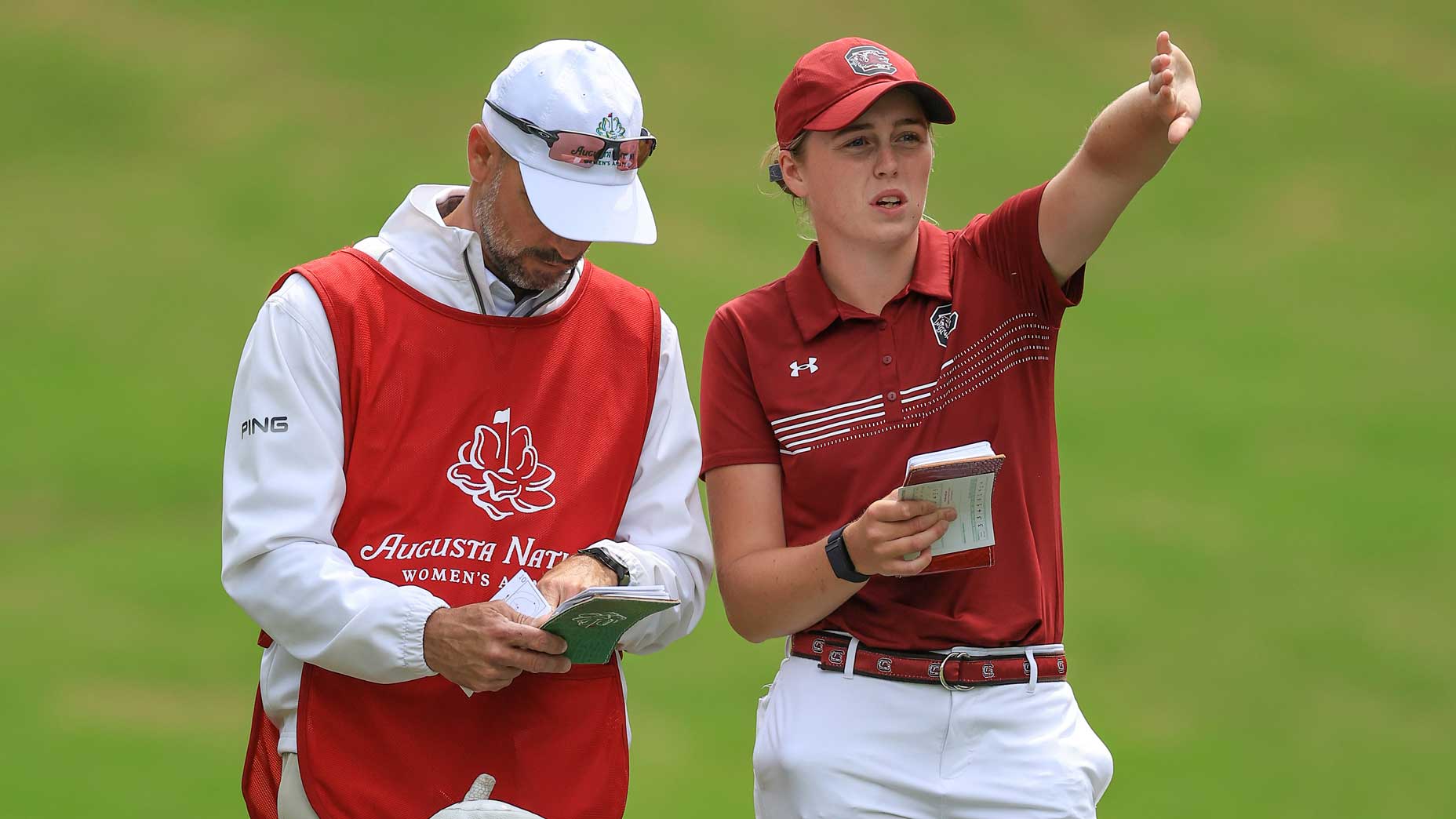 Hannah Darling talks with caddie during 2024 Augusta National Women's Amateur
