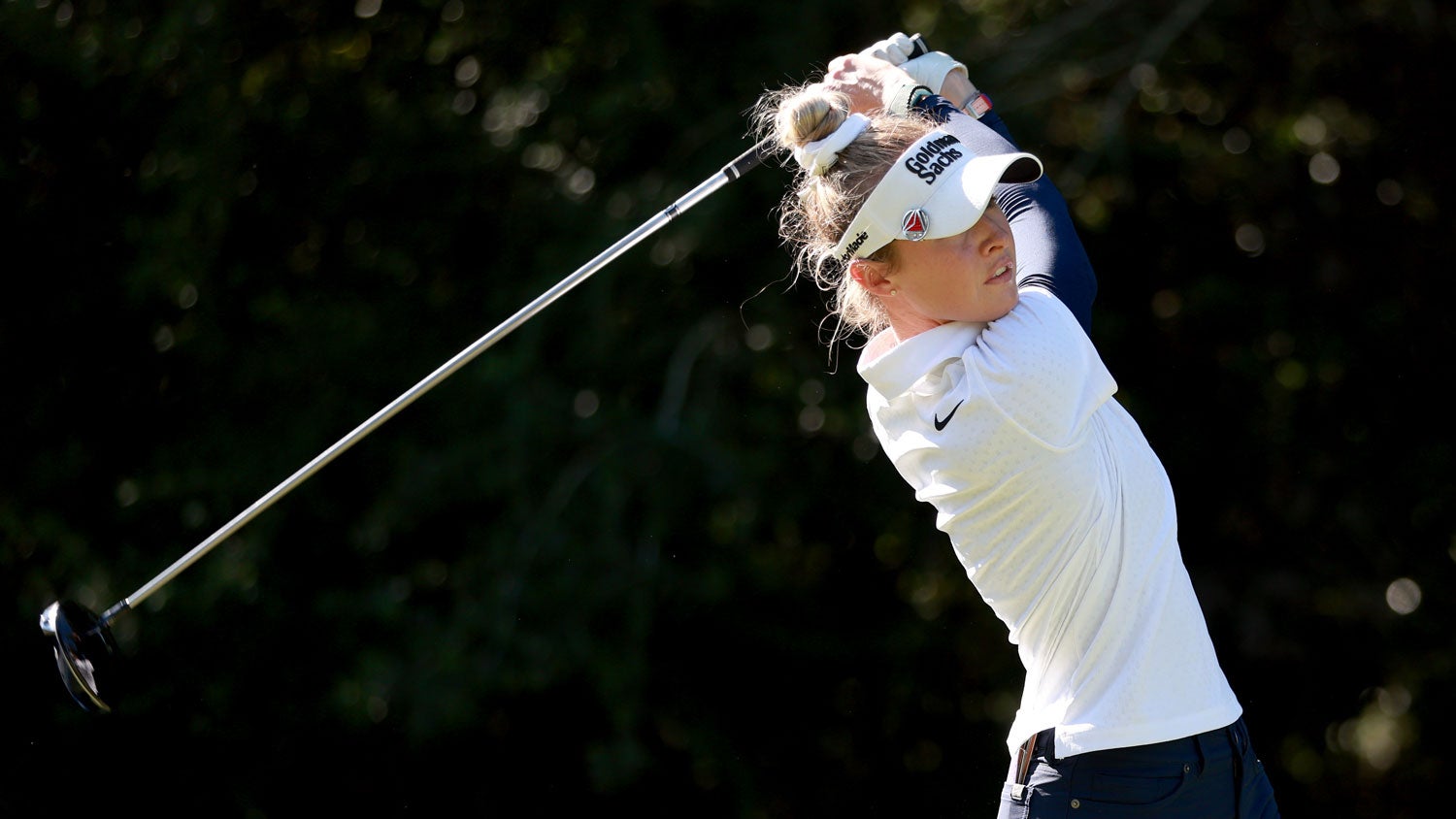 Nelly Korda of the United States plays her shot from the 16th tee during the final round of The Chevron Championship at The Club at Carlton Woods