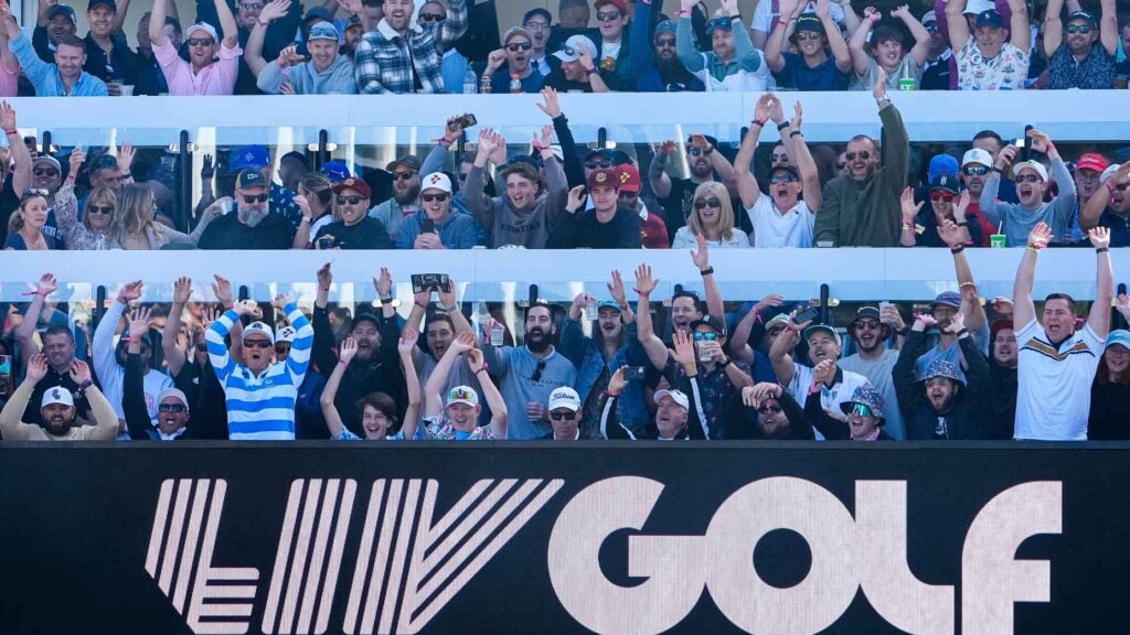 A general view as spectators cheer in the stands on the 12th hole during LIV Adelaide at The Grange Golf Club on April 27, 2024 in Adelaide, Australia