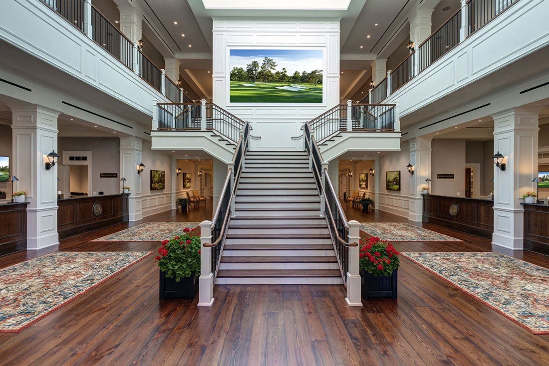 The grand staircase in the Masters media center