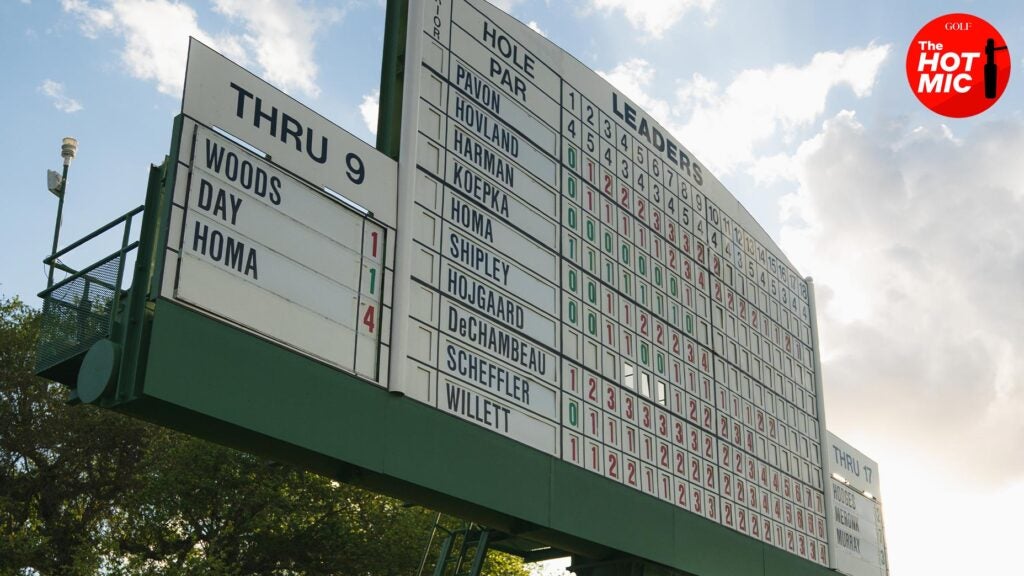 a leaderboard at the Masters showcases names in front of a brilliant sunset