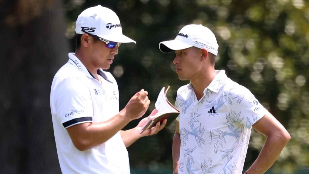 Kurt Kitayama and Collin Morikawa during the second round of the FedEx St. Jude Championship on August 11, 2023 at TPC Southwind in Memphis, Tennessee.