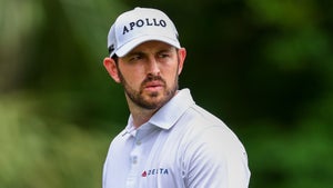 Patrick Cantlay reacts after making a par on the first hole during the final round of the RBC Heritage at Harbour Town Golf Link