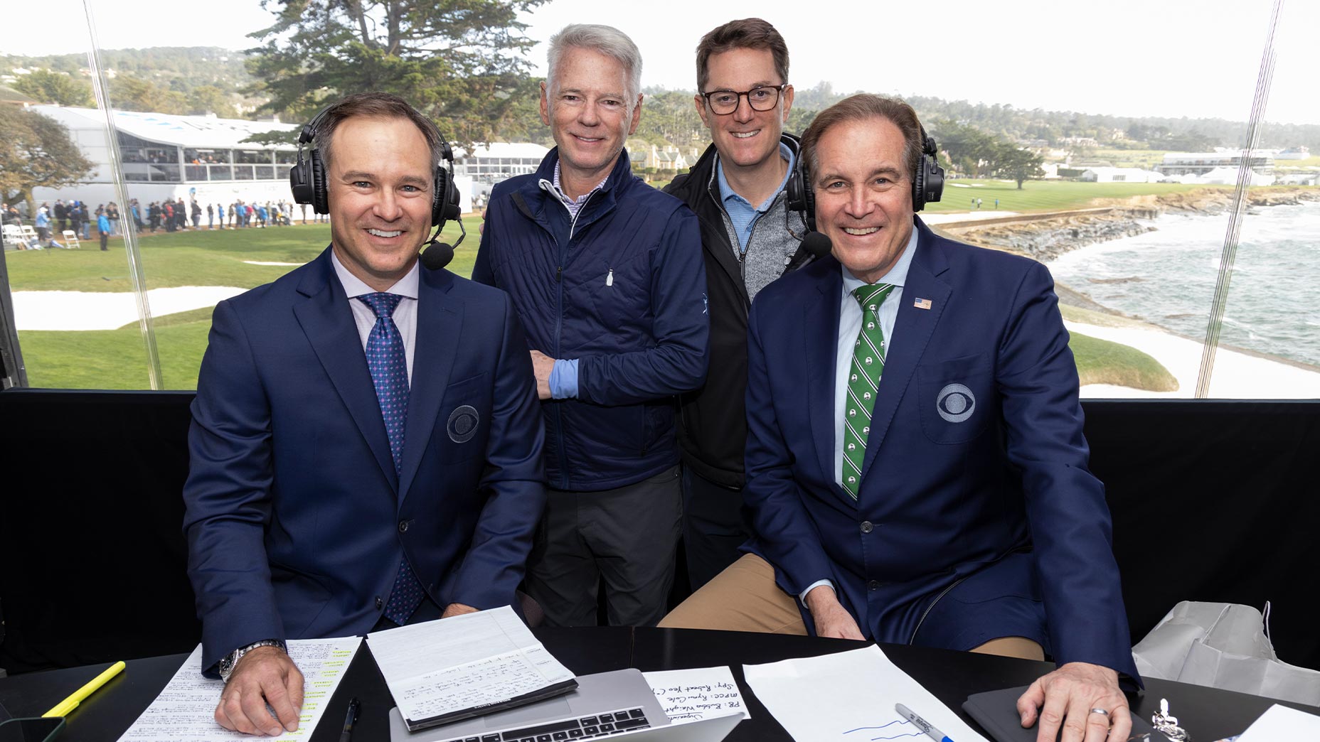 CBS Sports TV members jim nantz, trevor immelman, sean mcmanus, and david berson pose for a photo at golf tournament