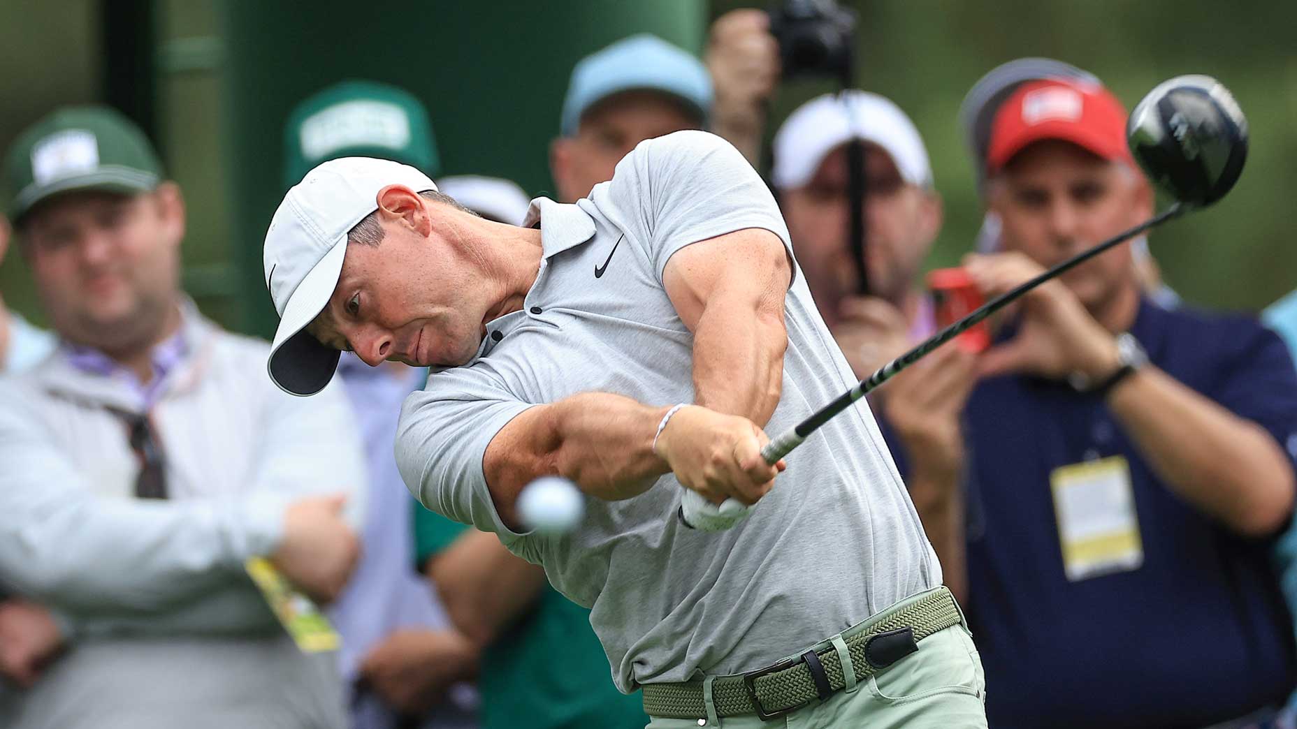 Rory McIlroy hits drive at 2024 Masters at Augusta National
