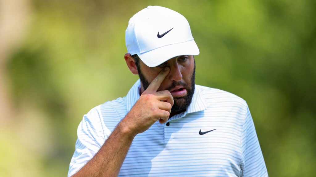 Scottie Scheffler reacts after making a double bogey on the third hole during the first round of the RBC Heritage at Harbour Town Golf