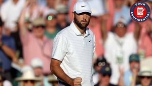 scottie scheffler pumps his fist after making birdie on no. 18 during the third round of the 2024 masters