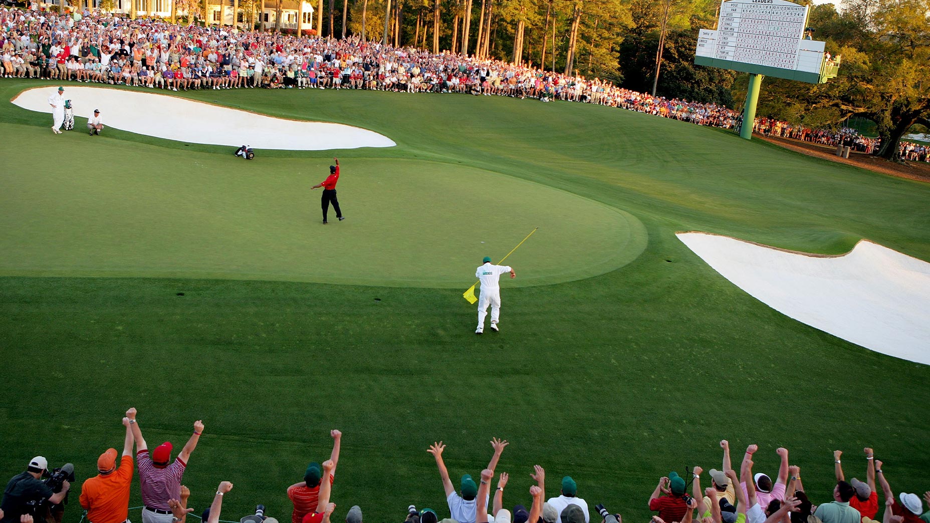 tiger woods celebrates on 16 at Augusta