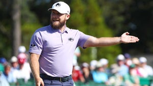 Tyrrell Hatton reacts to a missed putt on the 18th green during the final round of the Masters at Augusta National Golf Club.