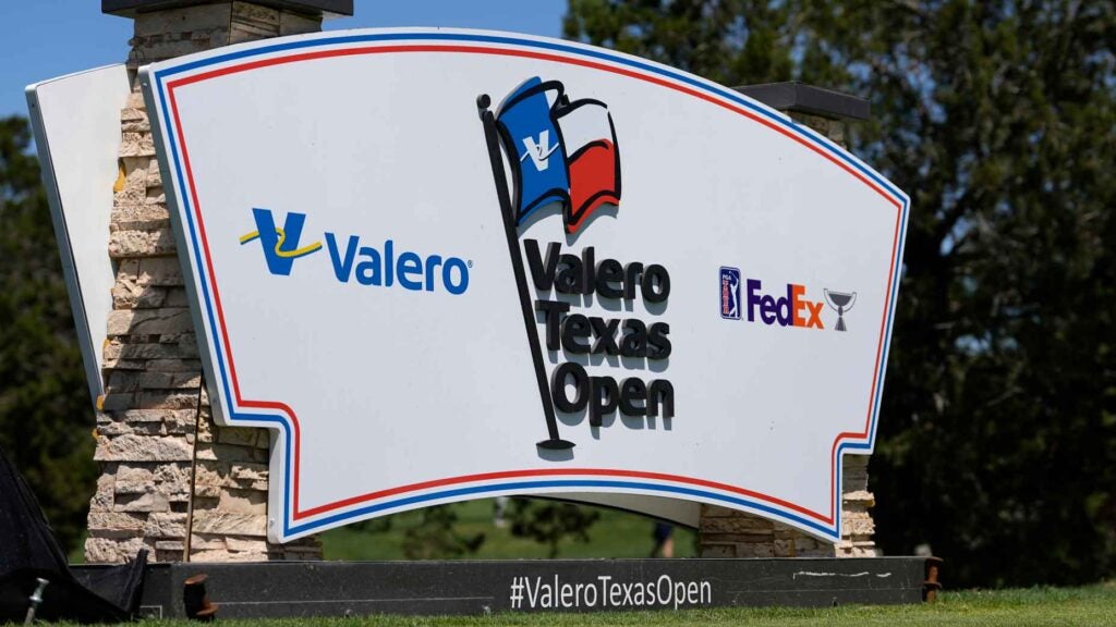 Signage on the back of the 11th tee box during a practice round prior to the Valero Texas Open at TPC San Antonio on April 03, 2024 in San Antonio, Texas