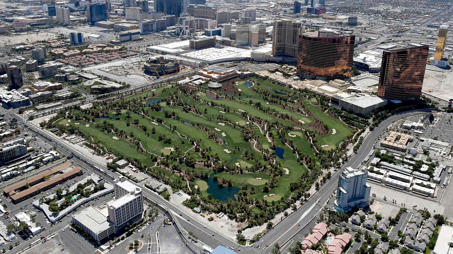 An aerial view of the Wynn Golf Club in Las Vegas.