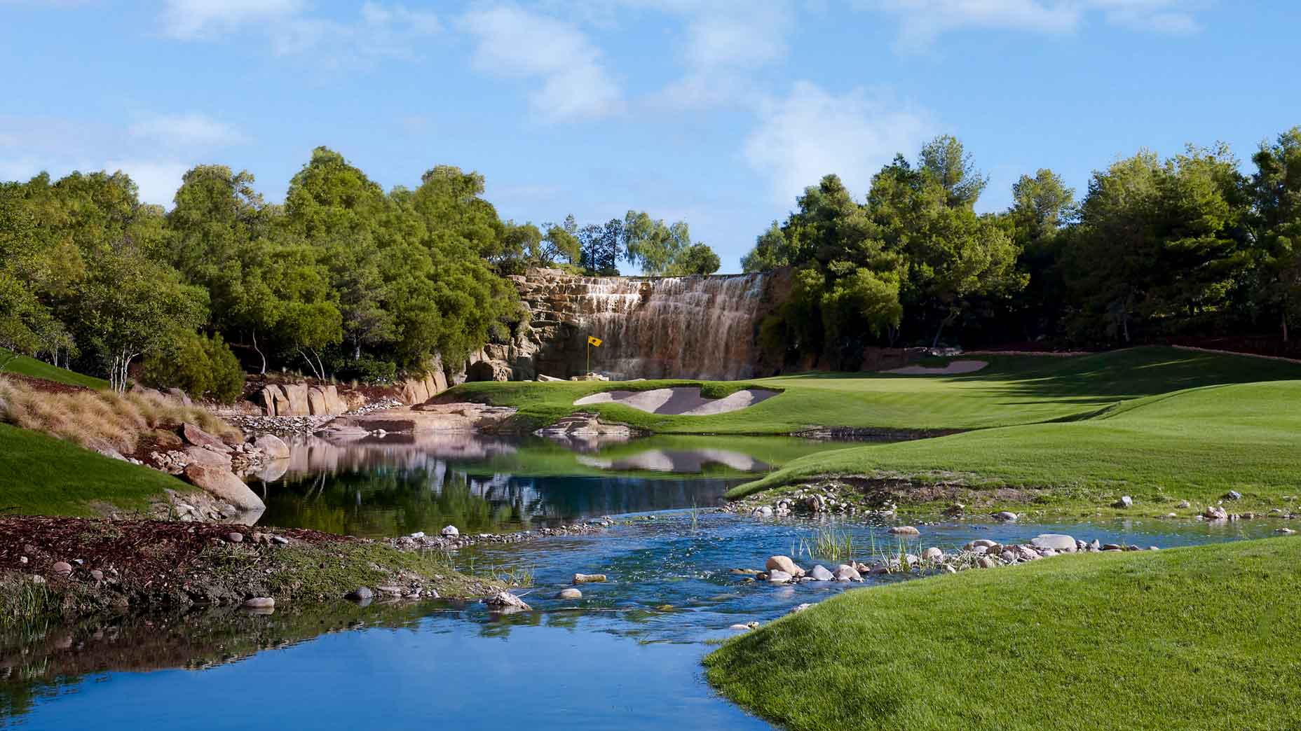 The waterfall-backed 18th hole at Wynn Golf Club, in Las Vegas