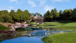 The waterfall-backed 18th hole at Wynn Golf Club, in Las Vegas