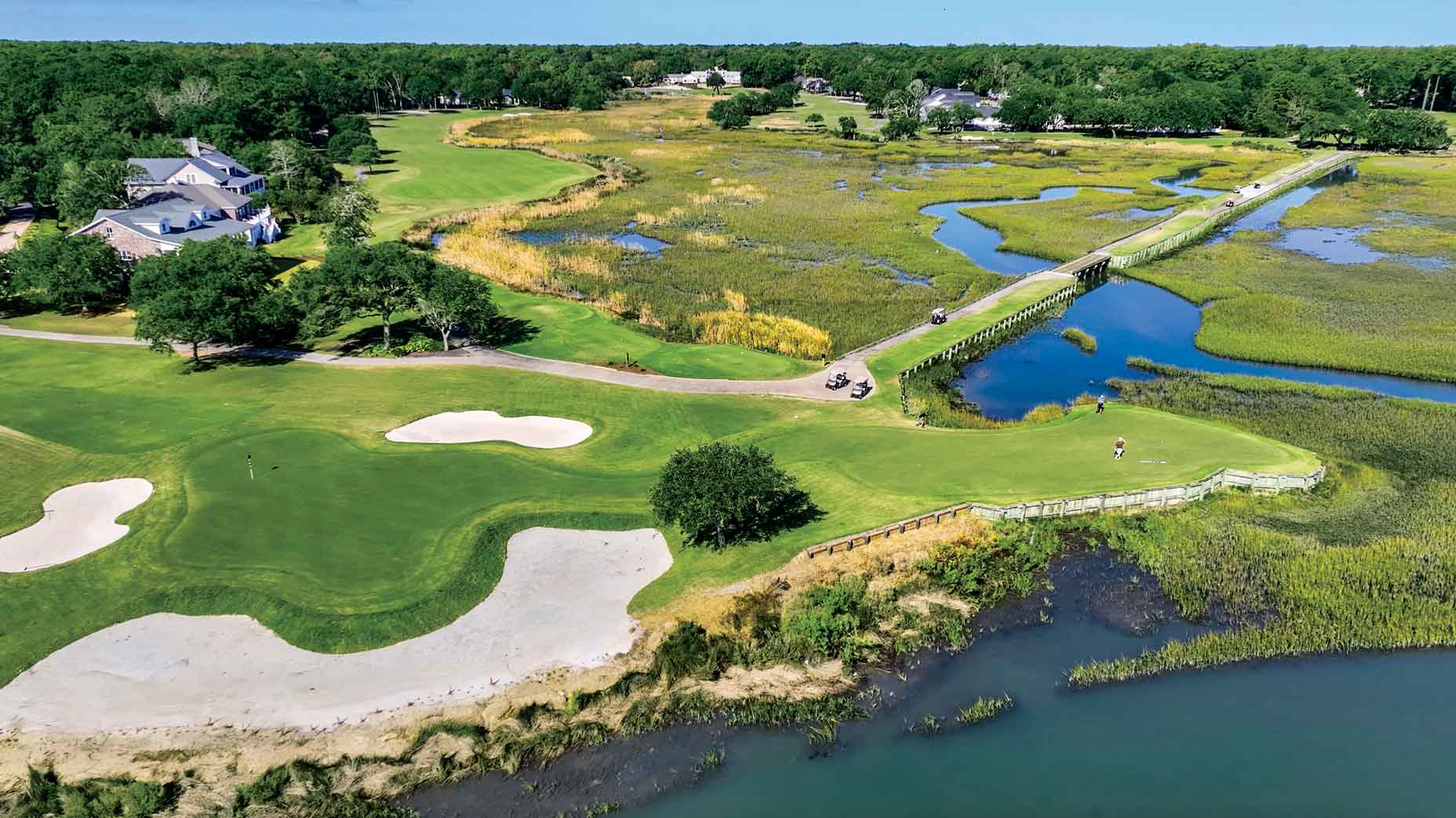 An aerial view of holes 14 and 16 at Pawleys Plantation Golf & Country Club.