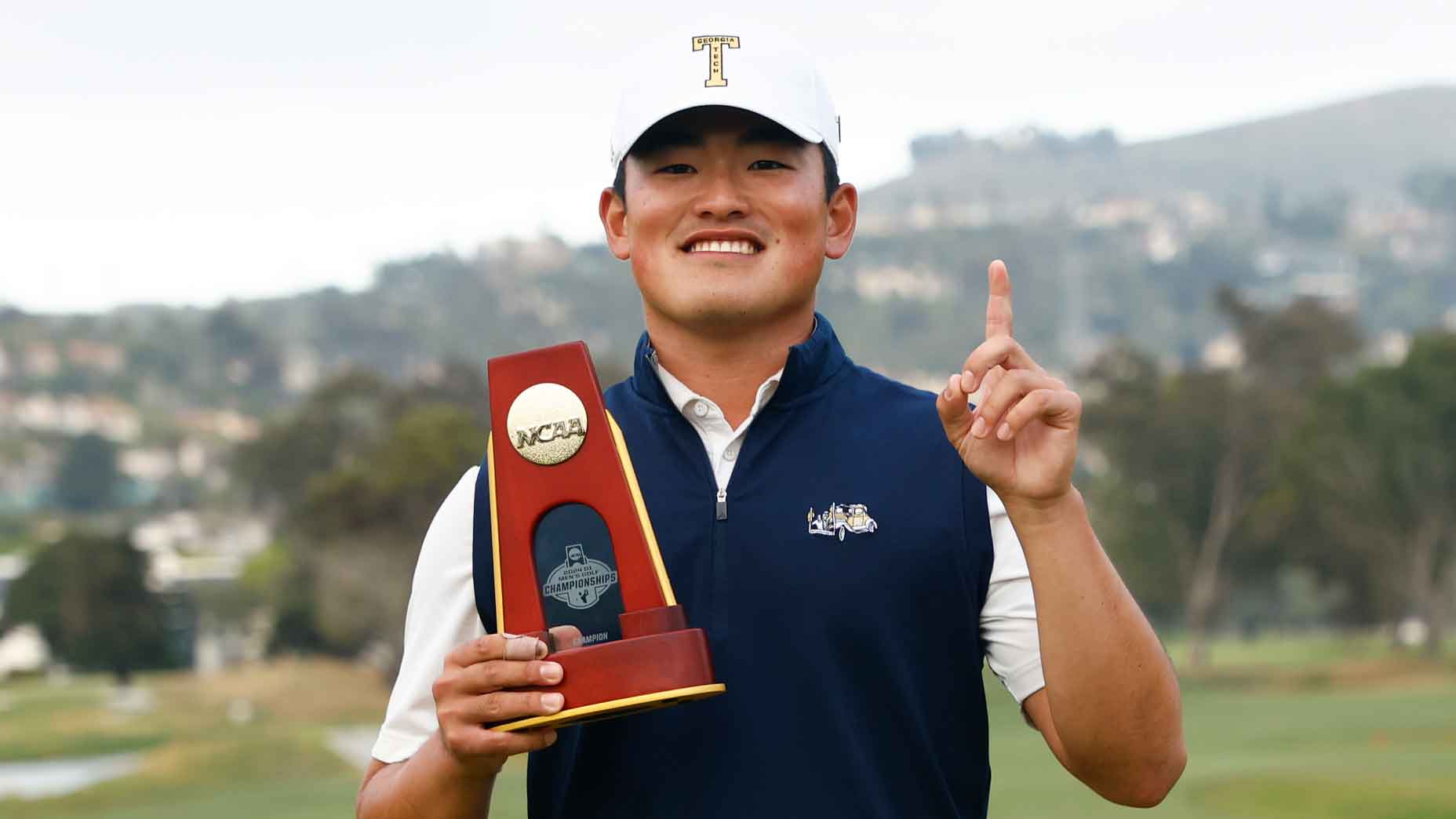 Hiroshi Tai of the Georgia Tech Yellow Jackets celebrates his individual championship after stroke play concludes during the Division I Men's Golf Championship held at Omni La Costa Resort & Spa on May 27, 2024 in Carlsbad, California.