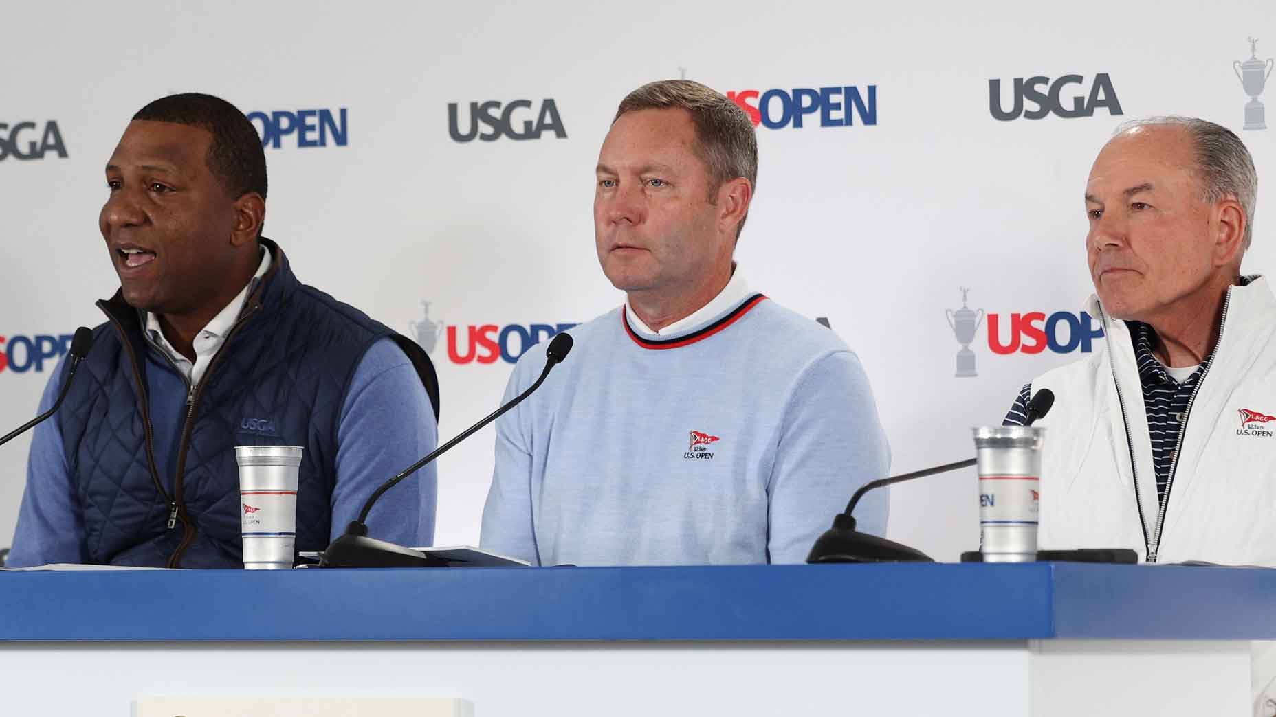 USGA President Fred Perpall, USGA CEO Mike Whan and USGA Chief Championships Officer John Bodenhamer speak to the media during a press conference prior to the 123rd U.S. Open Championship at The Los Angeles Country Club on June 14, 2023 in Los Angeles, California.