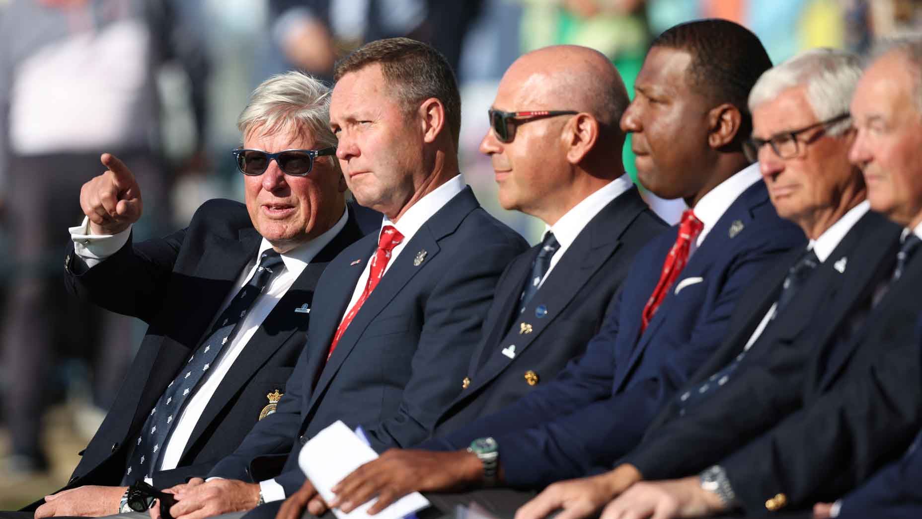 R&A Chief Executive Martin Slumbers & USGA Chief Executive Mike Whan sit together at the opening ceremony prior to the Walker Cup at St Andrews Old Course on September 1, 2023 in St Andrews, Scotland.