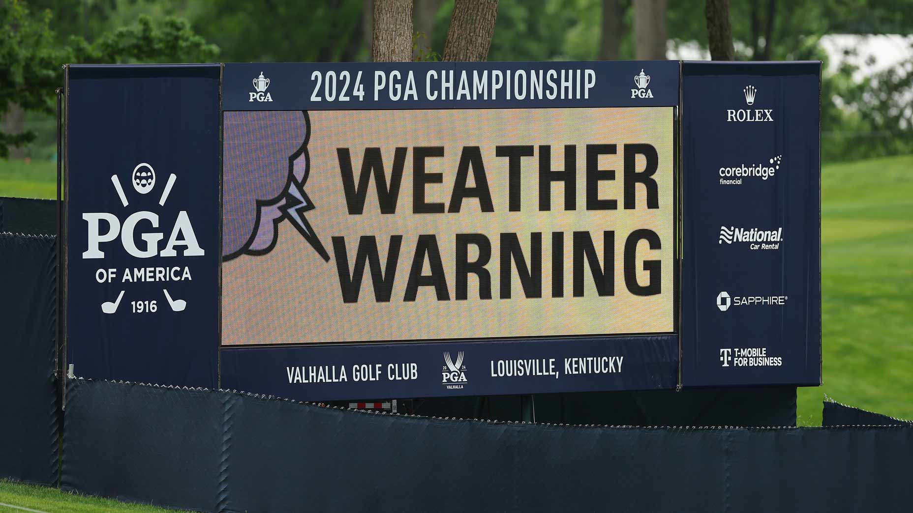 A weather warning sign at the PGA Championship.