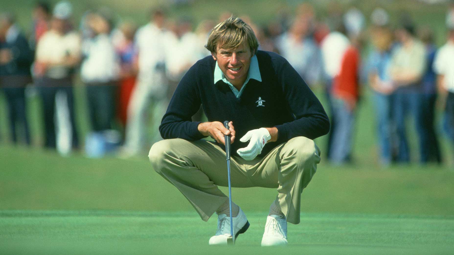 Peter Oosterhuis reads a putt during the 1982 Open Championship at Royal Troon Golf Club in Troon, Scotland.