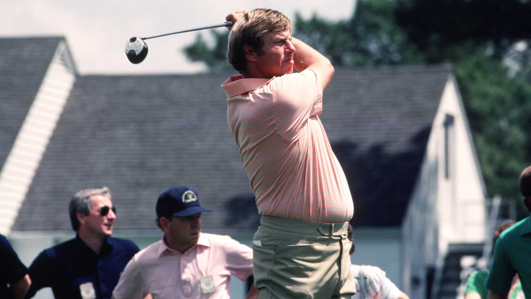 Peter Oosterhuis watches his shot during the 1984 Masters at Augusta National Golf Club in Augusta, Ga.
