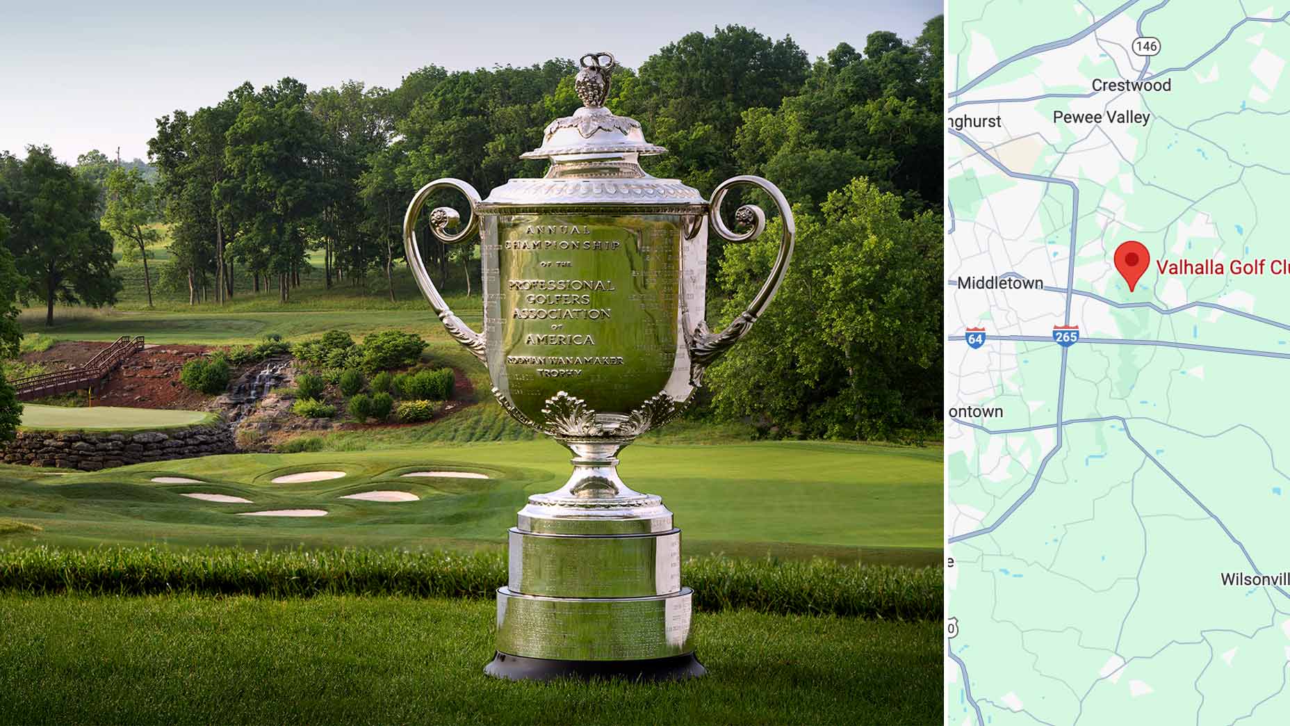A split image of the PGA Championship trophy and Valhalla's location.