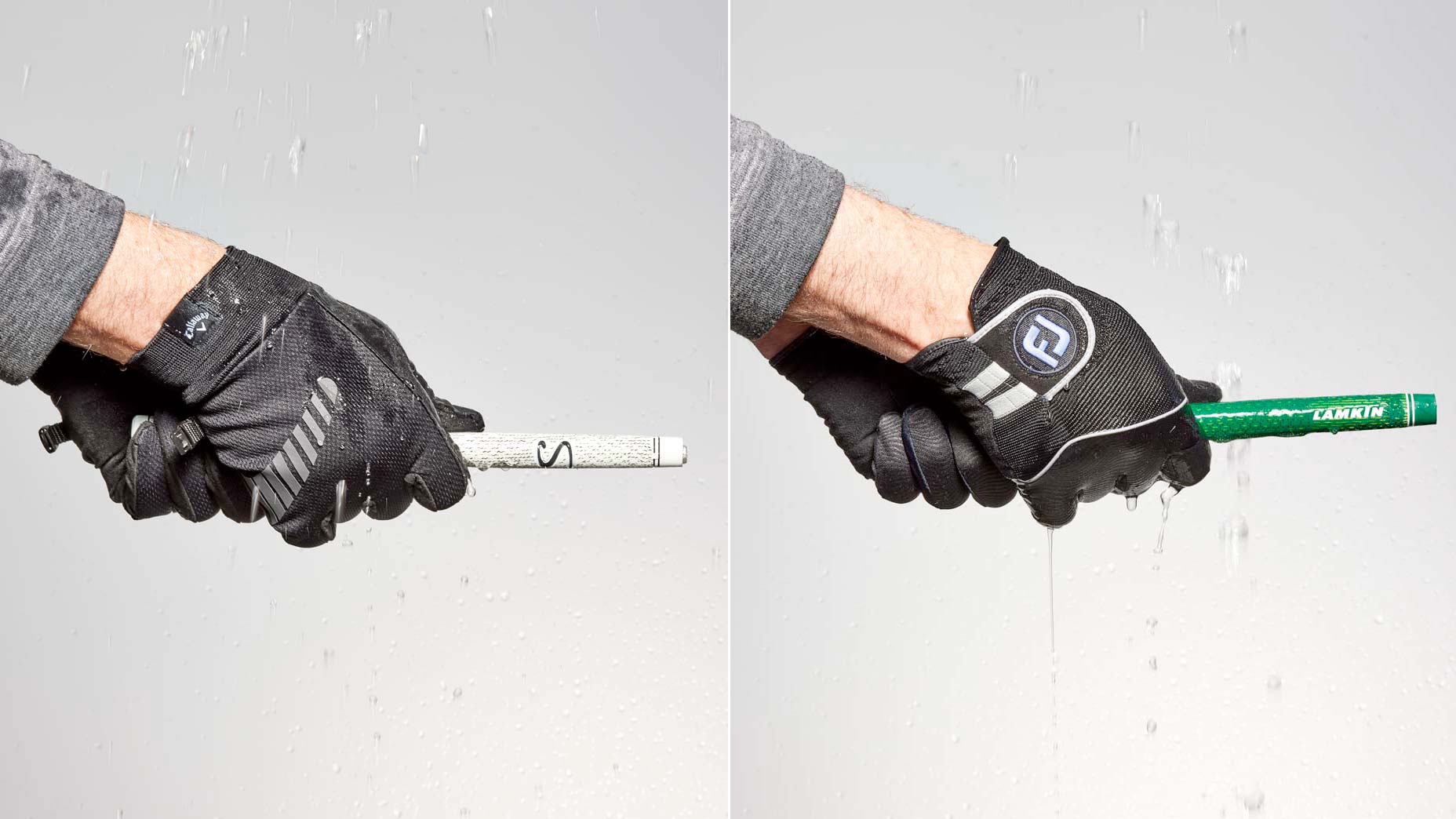 Split image of two golfers holding all-weather golf grips