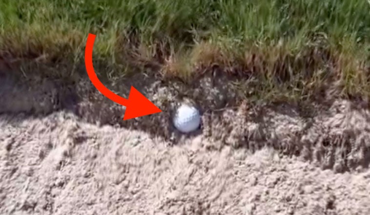Pro golfer Alejandro Tosti's ball plugged in bunker at 2024 myrtle beach classic
