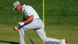 bryson dechambeau pumps fist on 18th green at pga championship