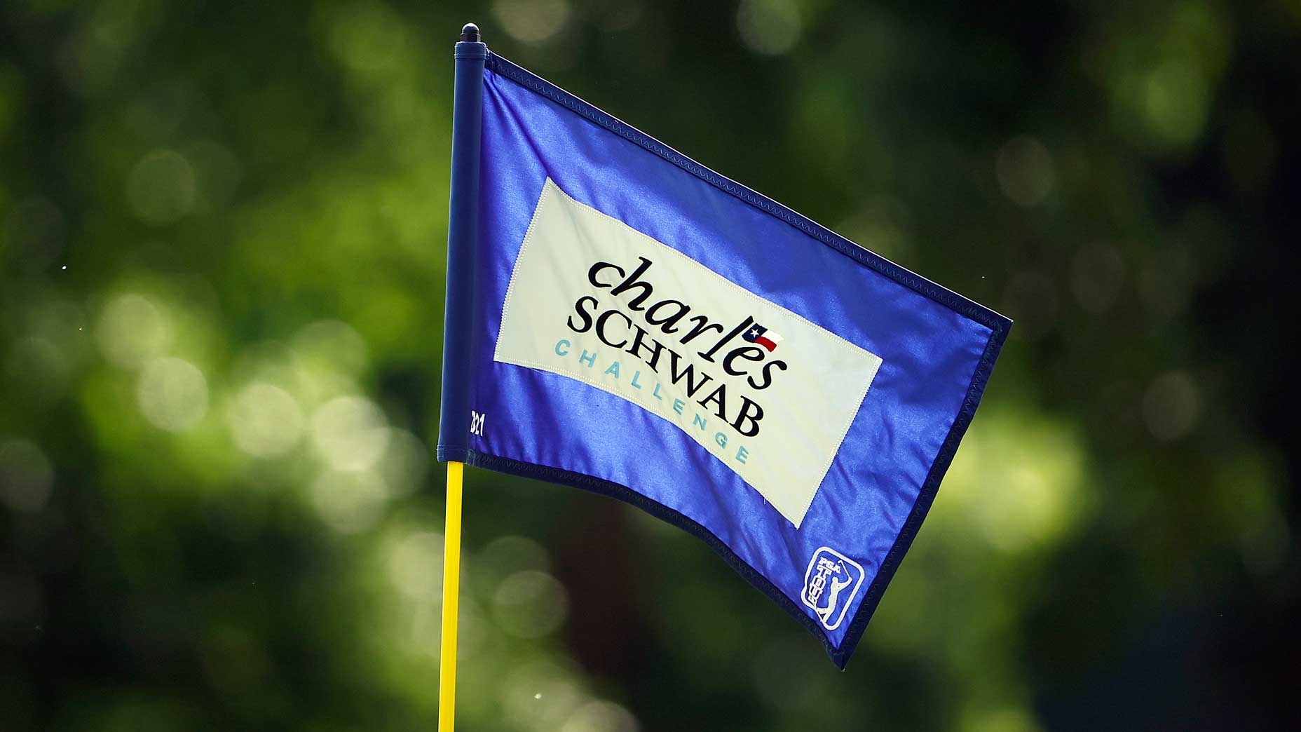 A Charles Schwab Challenge pin flag is pictured at Colonial Country Club