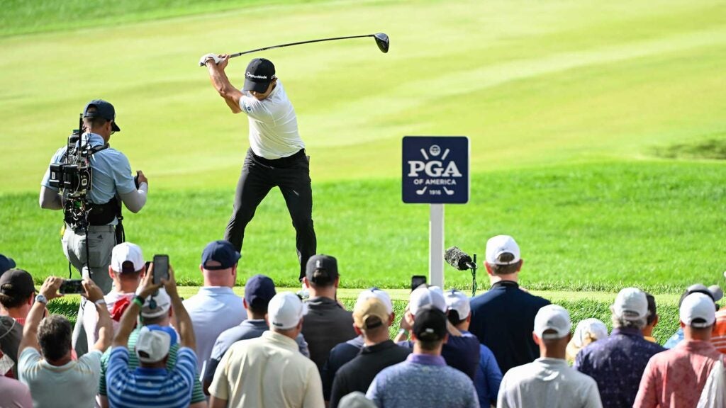 Collin Morikawa tees off during the third round of the 2024 PGA Championship.