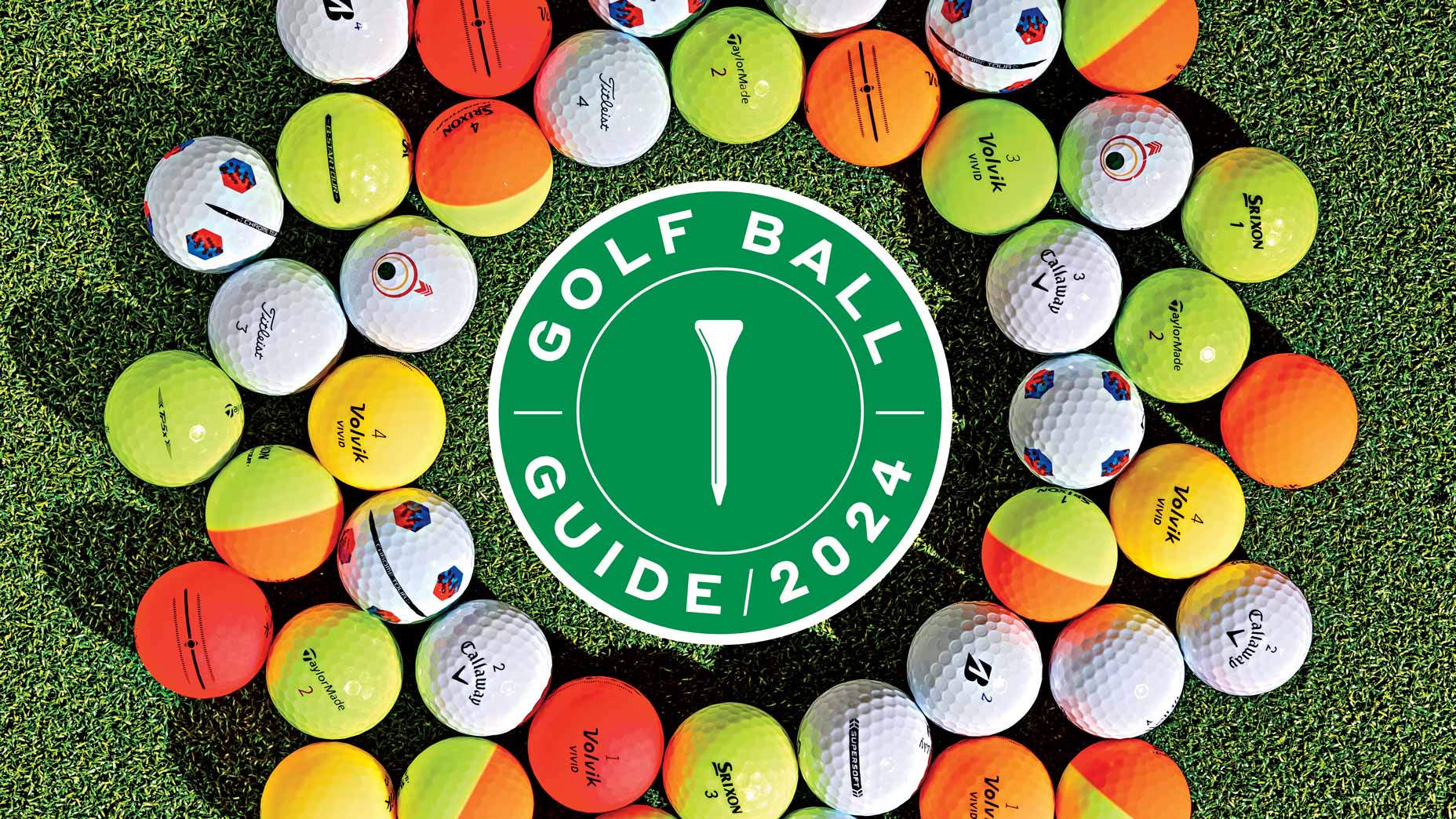 Dozens of golf balls arranged in a circle on grass with a Golf Ball Guide logo in the middle
