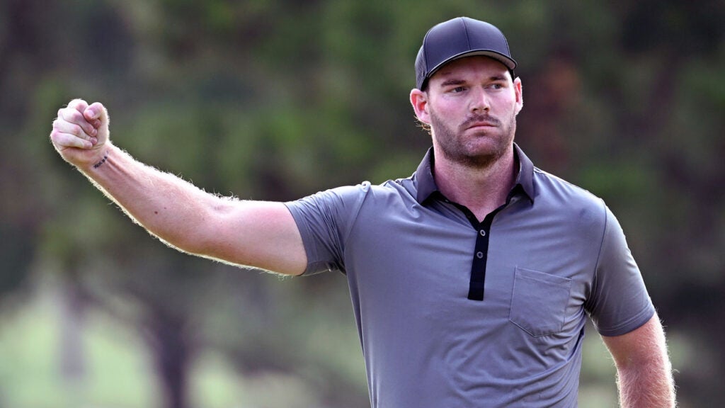 Grayson Murray reacts after a birdie putt on the 15th hole during the third round of the UNC Health Championship presented by STITCH at Raleigh Country Club