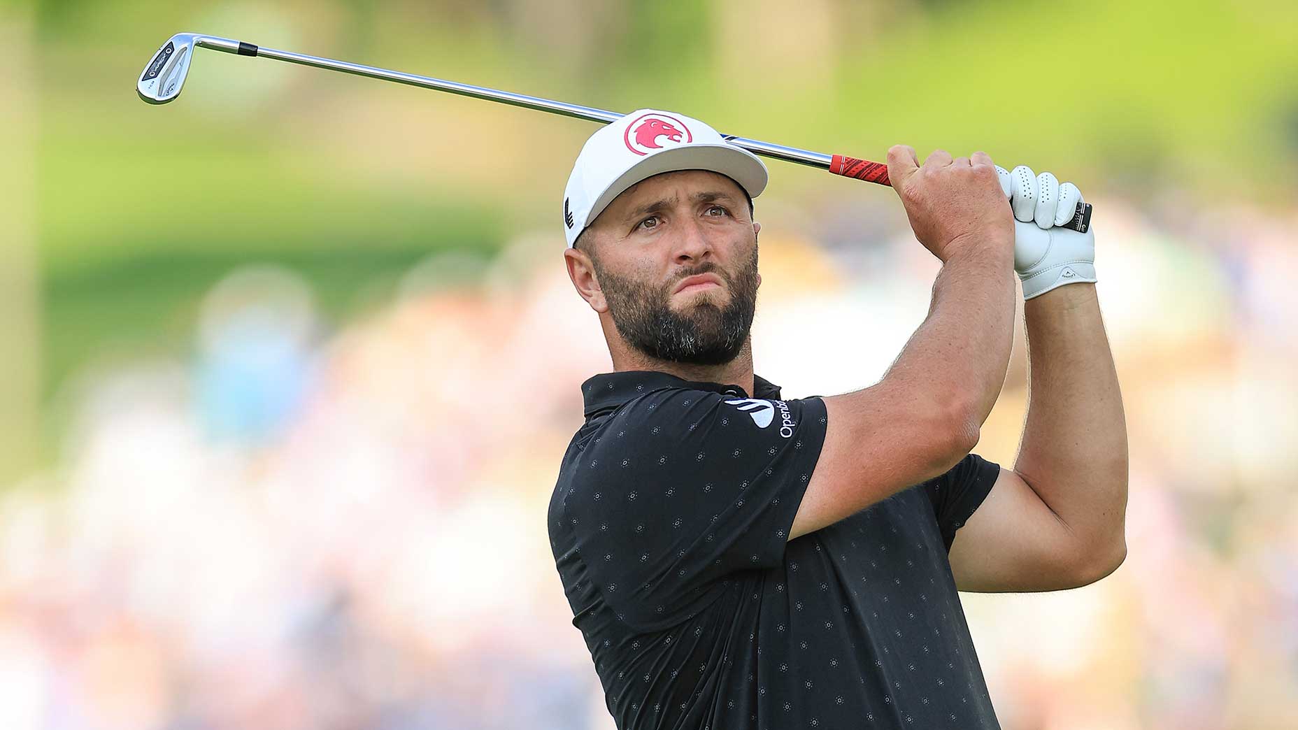 Jon Rahm watches a shot during the 2024 PGA Championship at Valhalla Golf Club in Louisville, Ky.