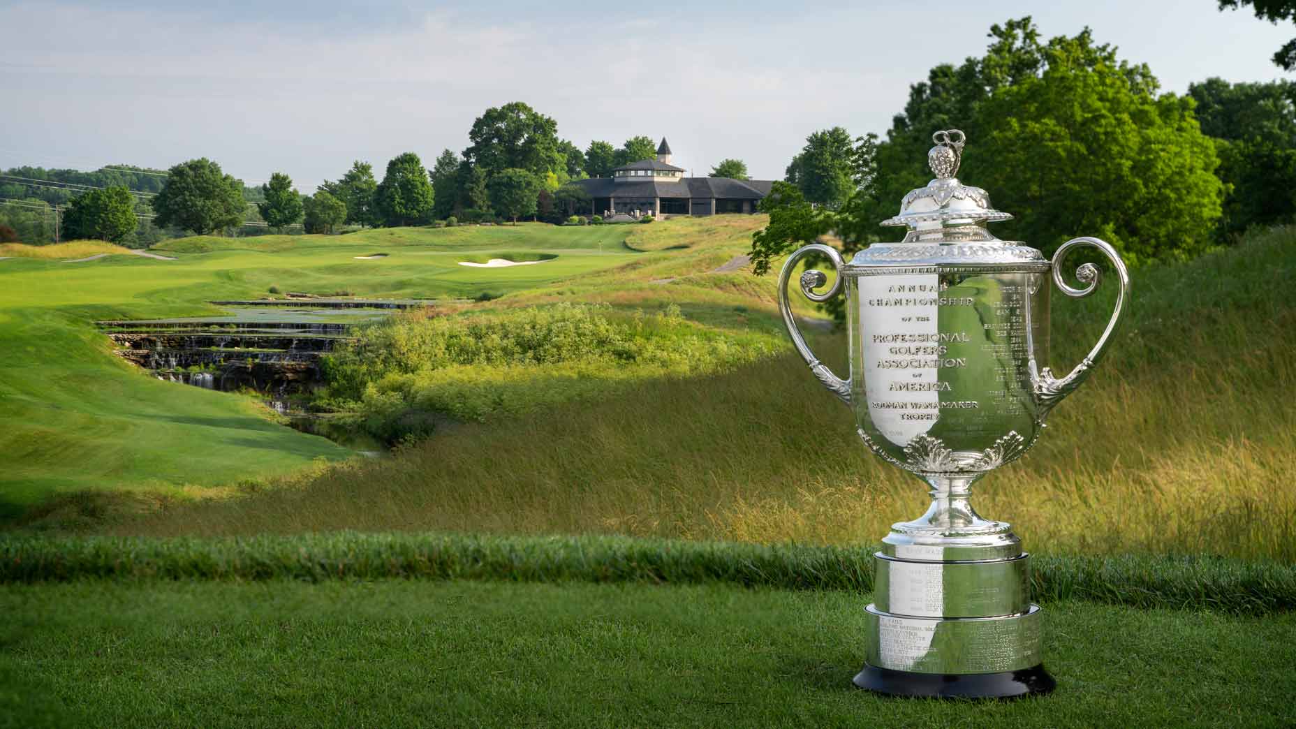 The 2024 PGA Championship trophy, known as the Wanamaker trophy, sits on the course at Valhalla Golf Club